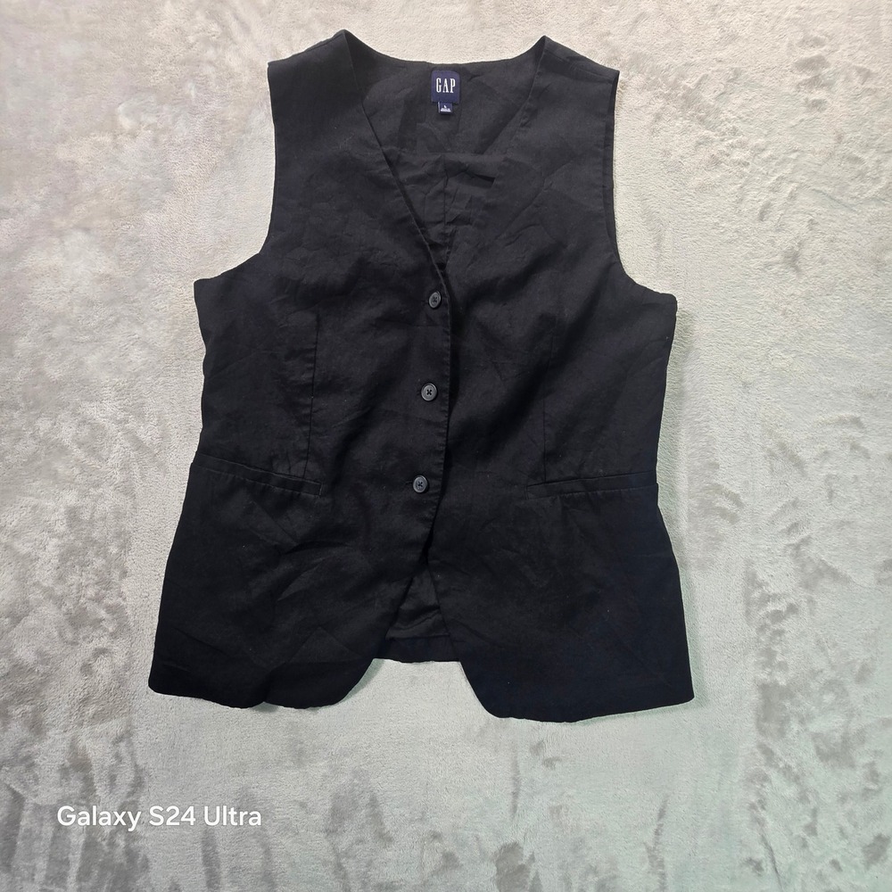 Gap Womens Black Linen Blend Button Front Vest Waistcoat Size L